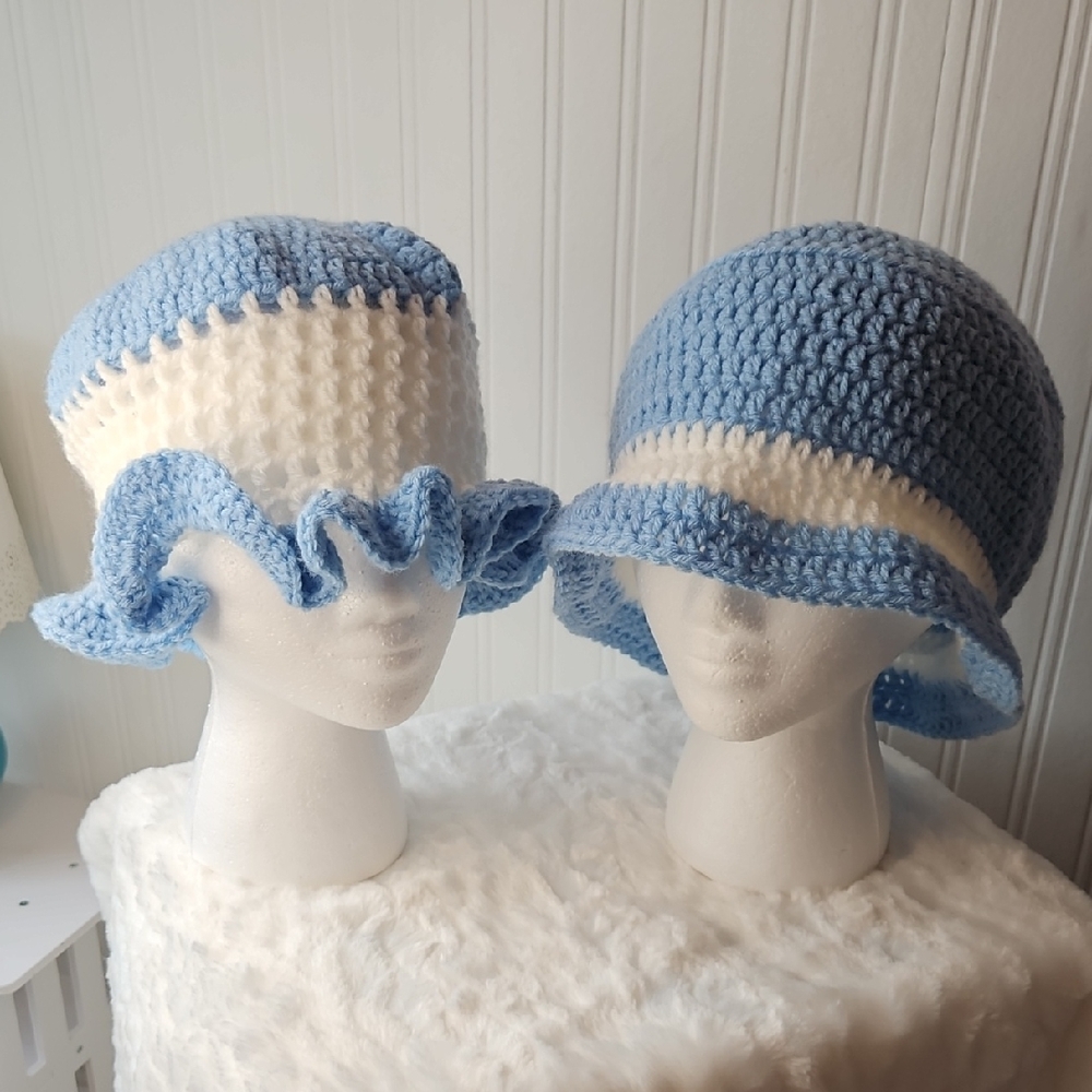 New His and Hers Matching  Handmade Blue & White Crochet Bucke Hats